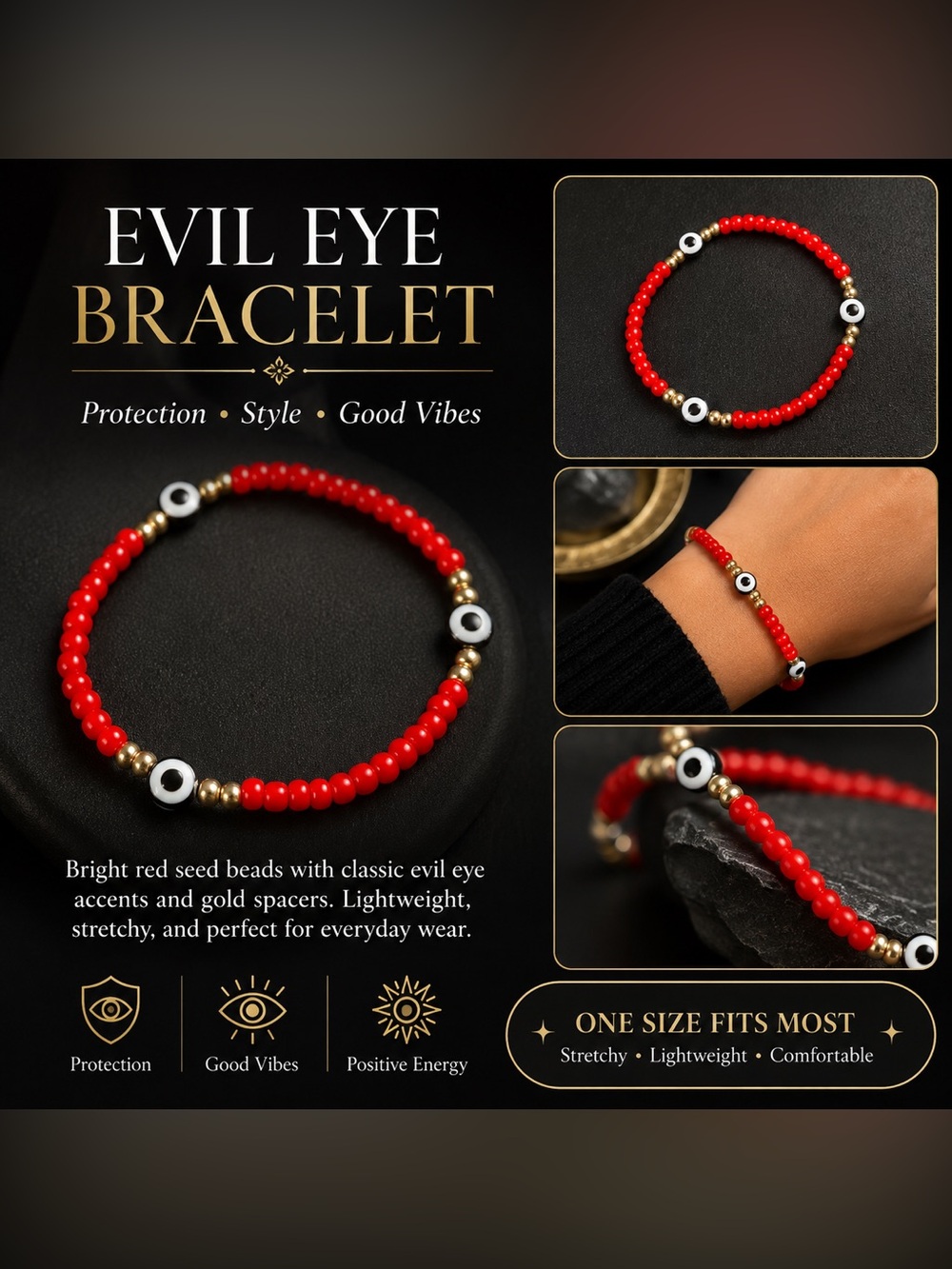 Red Evil Eye Beaded Bracelet - Protection & Good Vibes #55